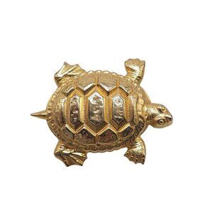 Vintage Gold Tone Turtle Brooch With Textured Shell Pin Clasp